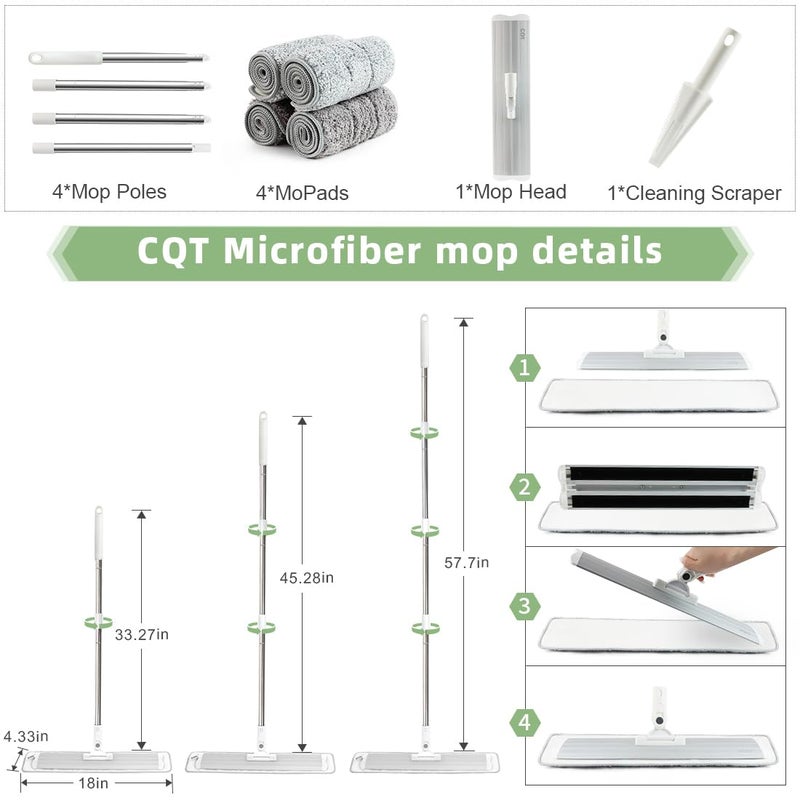 CQT Commercial Flat Microfiber Floor Mop Cleaning System 18" Inch Wet Dry and Dust Hardwood with 4 Washable Pads Cleaner for Laminate Tile Stainless Steel Handle and Extension (PT12-WET) - Image 2